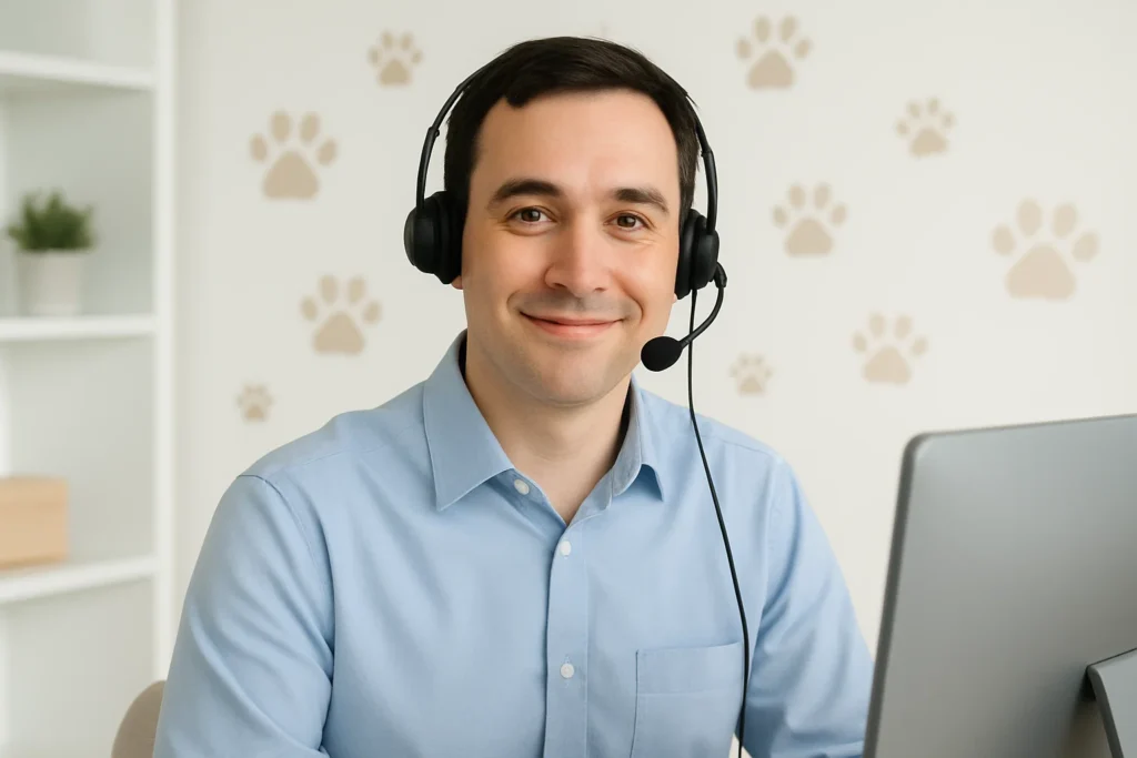 Smiling male support agent wearing a headset, sitting at desk with paw print background — representing the PawInsura customer service team.